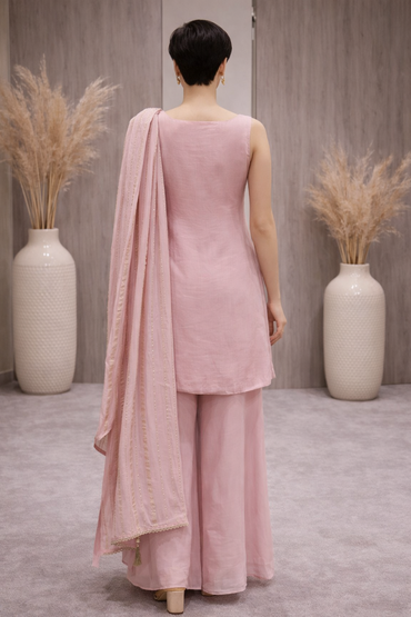 Blush Pink Embroidered Silk Kurta Palazzo Set with Dupatta for Women