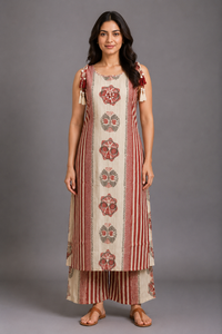 Red & Beige Printed Kurta Palazzo Set with Tassel Detailing