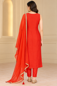 Red & Gold Embroidered Kurta Set with Dupatta