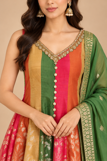 Multicolor Floral Embroidered Anarkali Suit Set with Green Dupatta