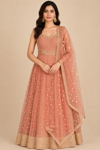 Peach Gold Embroidered Anarkali Lehenga Set with Dupatta
