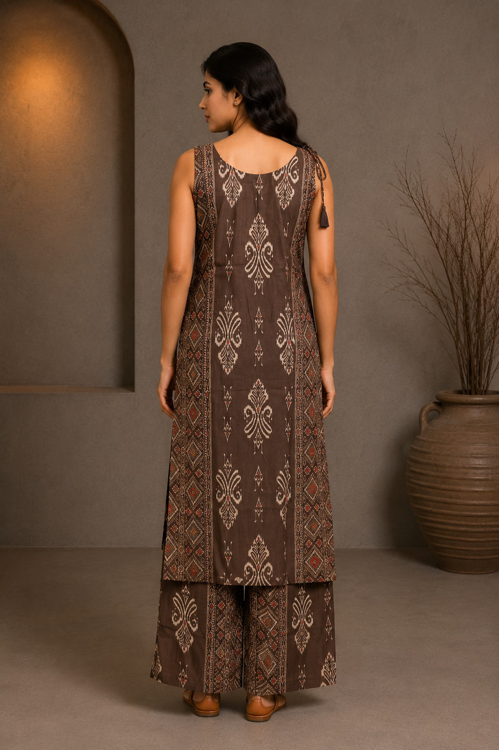 Brown Printed Kurta Palazzo Set with Ethnic Motif Detailing