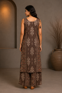 Brown Printed Kurta Palazzo Set with Ethnic Motif Detailing