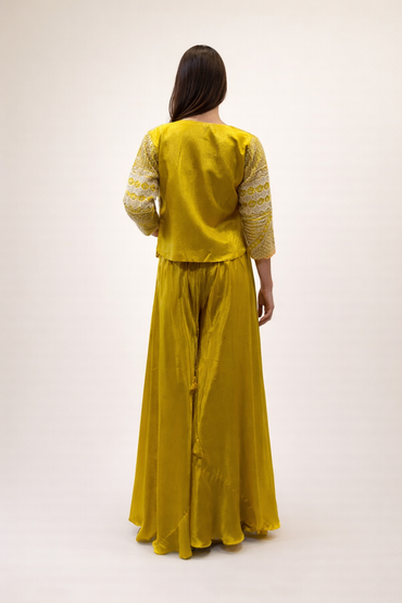 Mustard Yellow Silk Co-ord Set with Embroidered Crop Top & Short Jacket