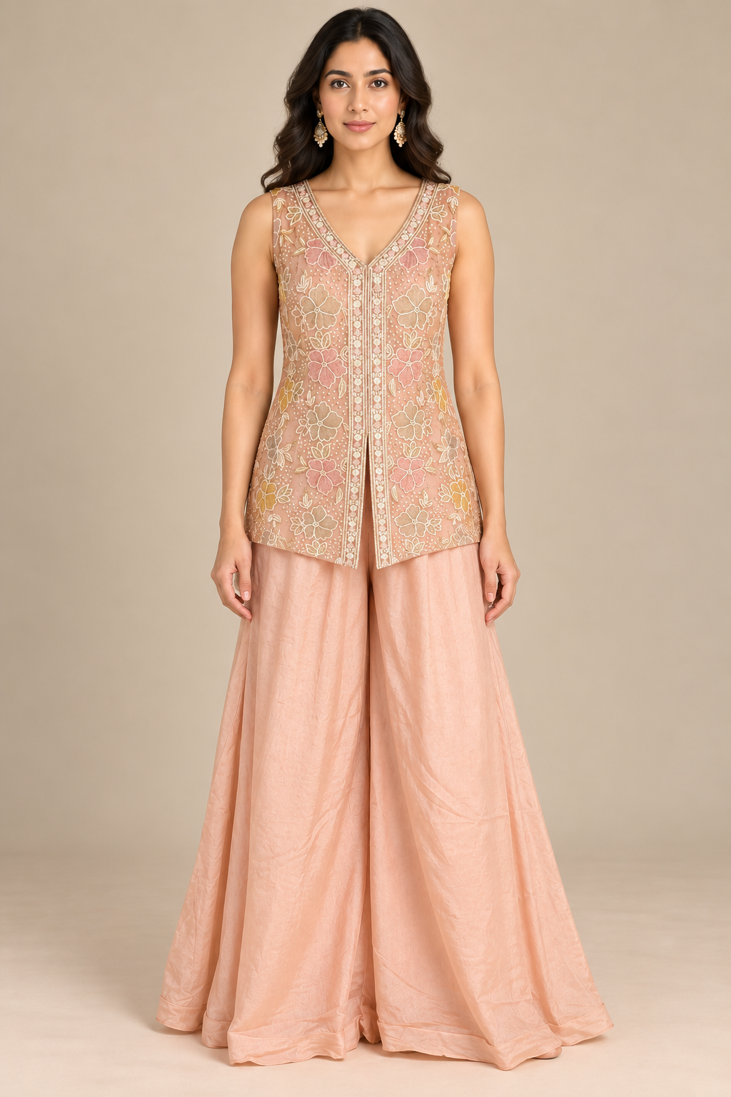 Blush Peach Floral Embroidered Top and Palazzo Set