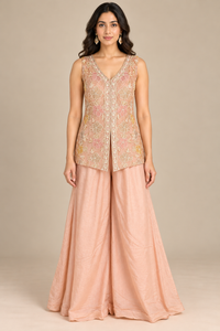 Blush Peach Floral Embroidered Top and Palazzo Set