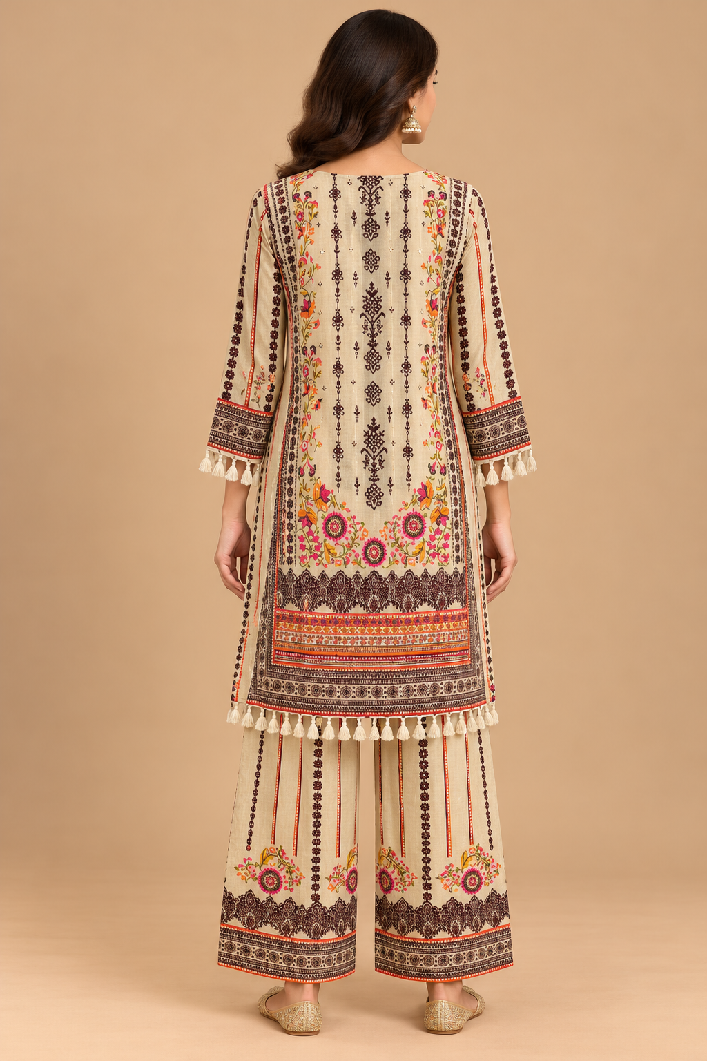 Beige Floral Printed Kurta Palazzo Set with Tassel Detailing