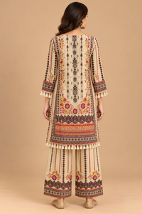 Beige Floral Printed Kurta Palazzo Set with Tassel Detailing
