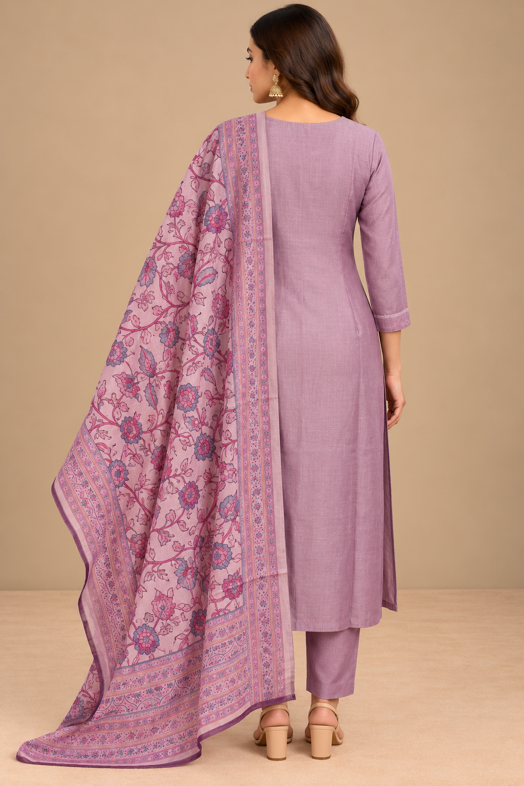 Mauve Embroidered Kurta Set with Floral Printed Dupatta