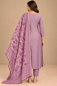 Mauve Embroidered Kurta Set with Floral Printed Dupatta