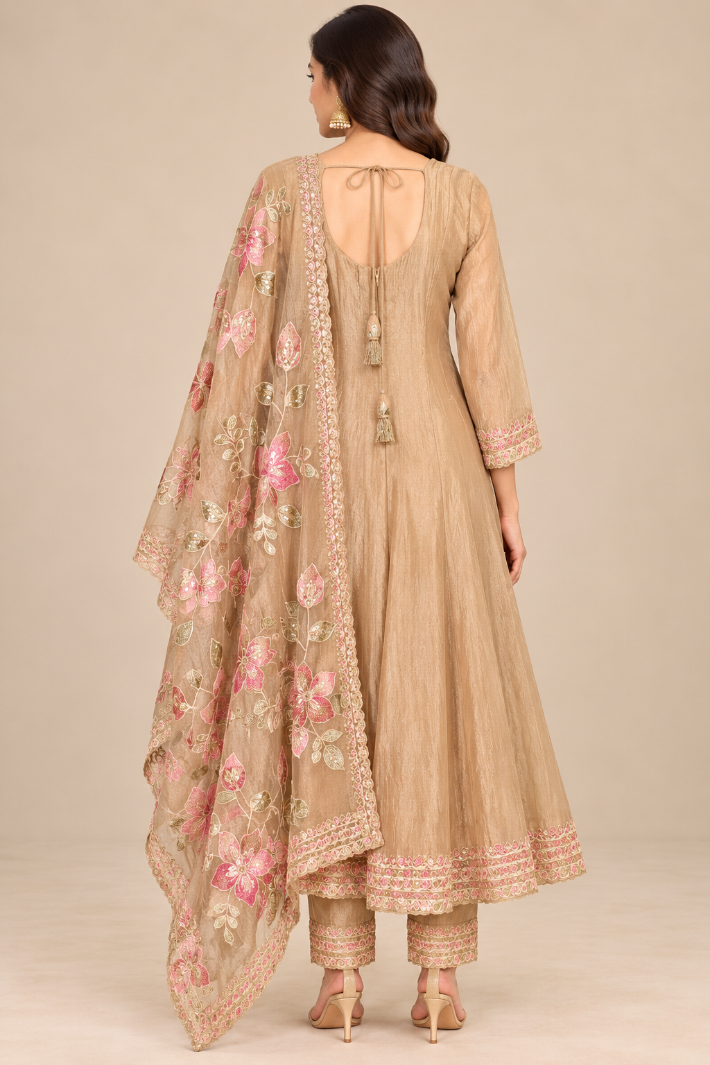 Champagne Beige Embroidered Kurta Pant Set with Pink Floral Dupatta