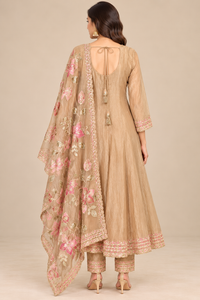 Champagne Beige Embroidered Kurta Pant Set with Pink Floral Dupatta