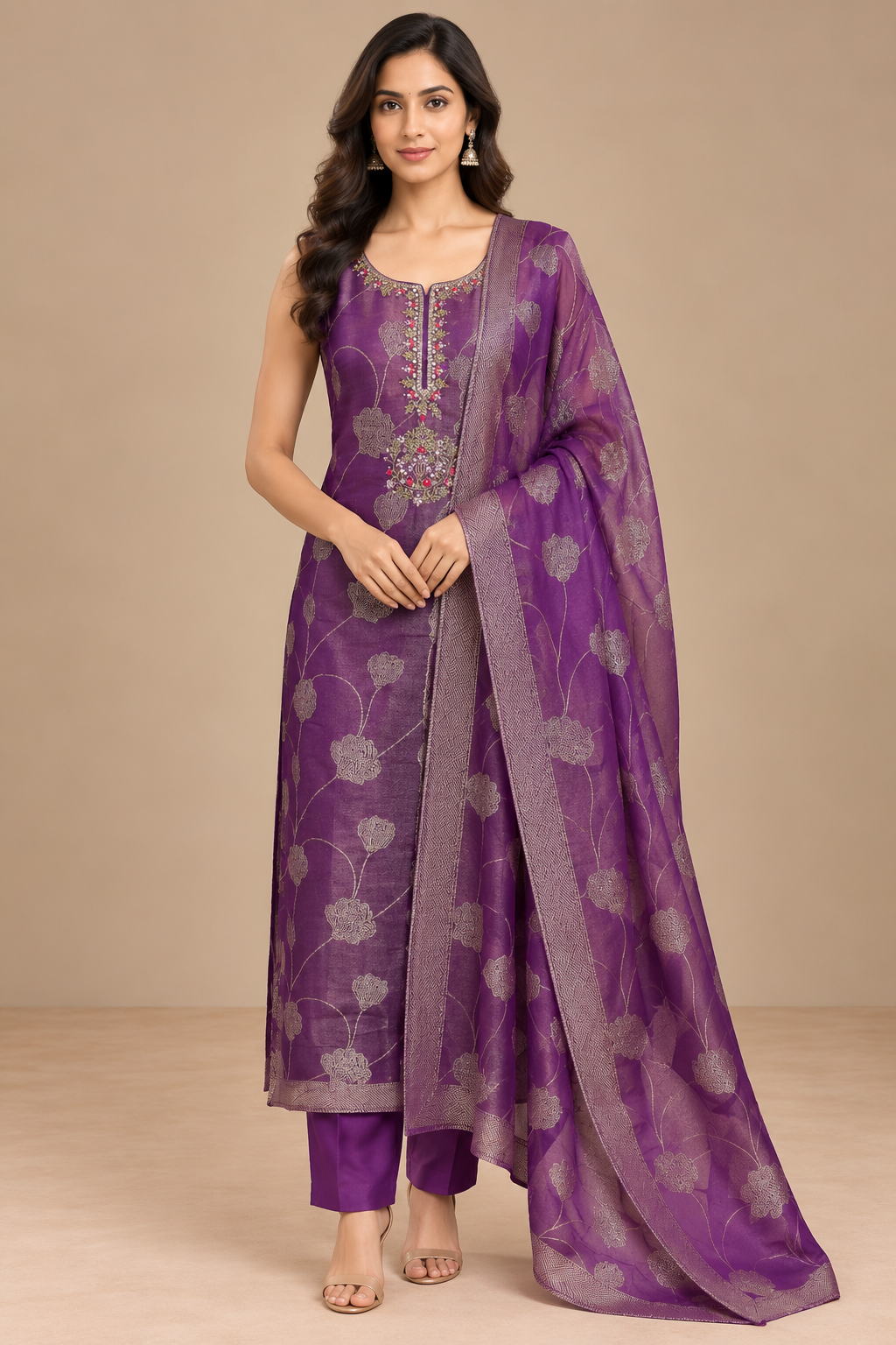 Purple Floral Printed Kurta Set with Dupatta