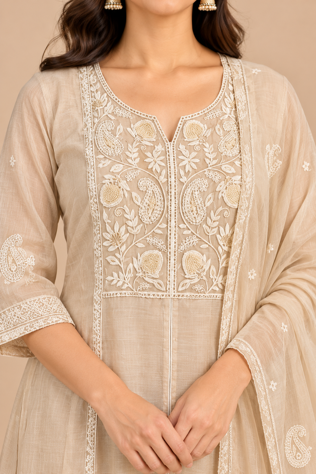 Beige Embroidered Anarkali Kurta Pant Set with Matching Dupatta