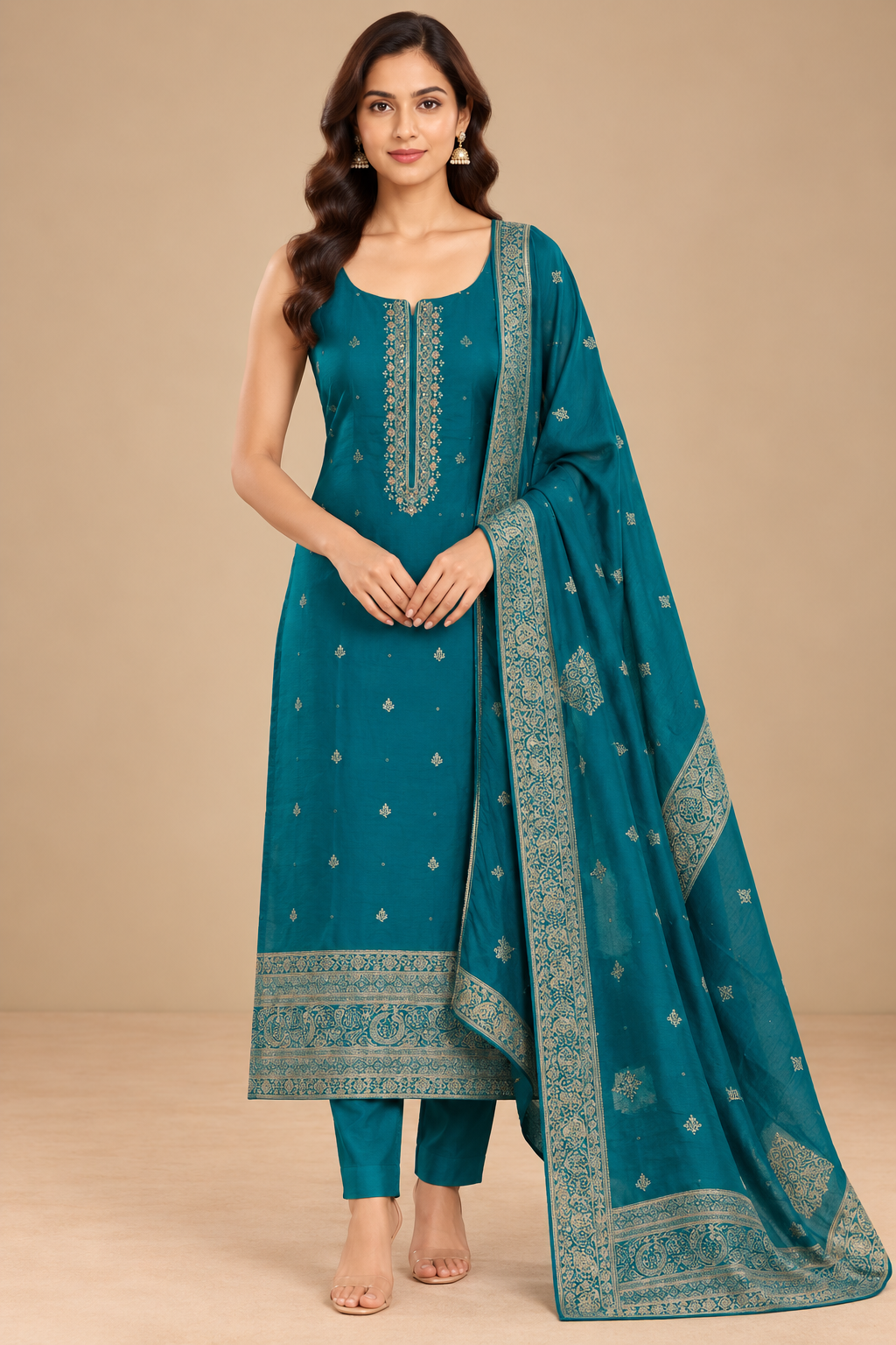 Teal Blue Embroidered Kurta Set with Printed Dupatta