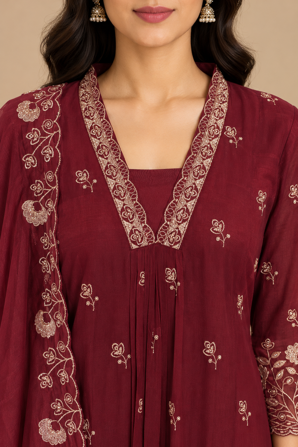 Maroon Floral Embroidered Kurta Set with Dupatta