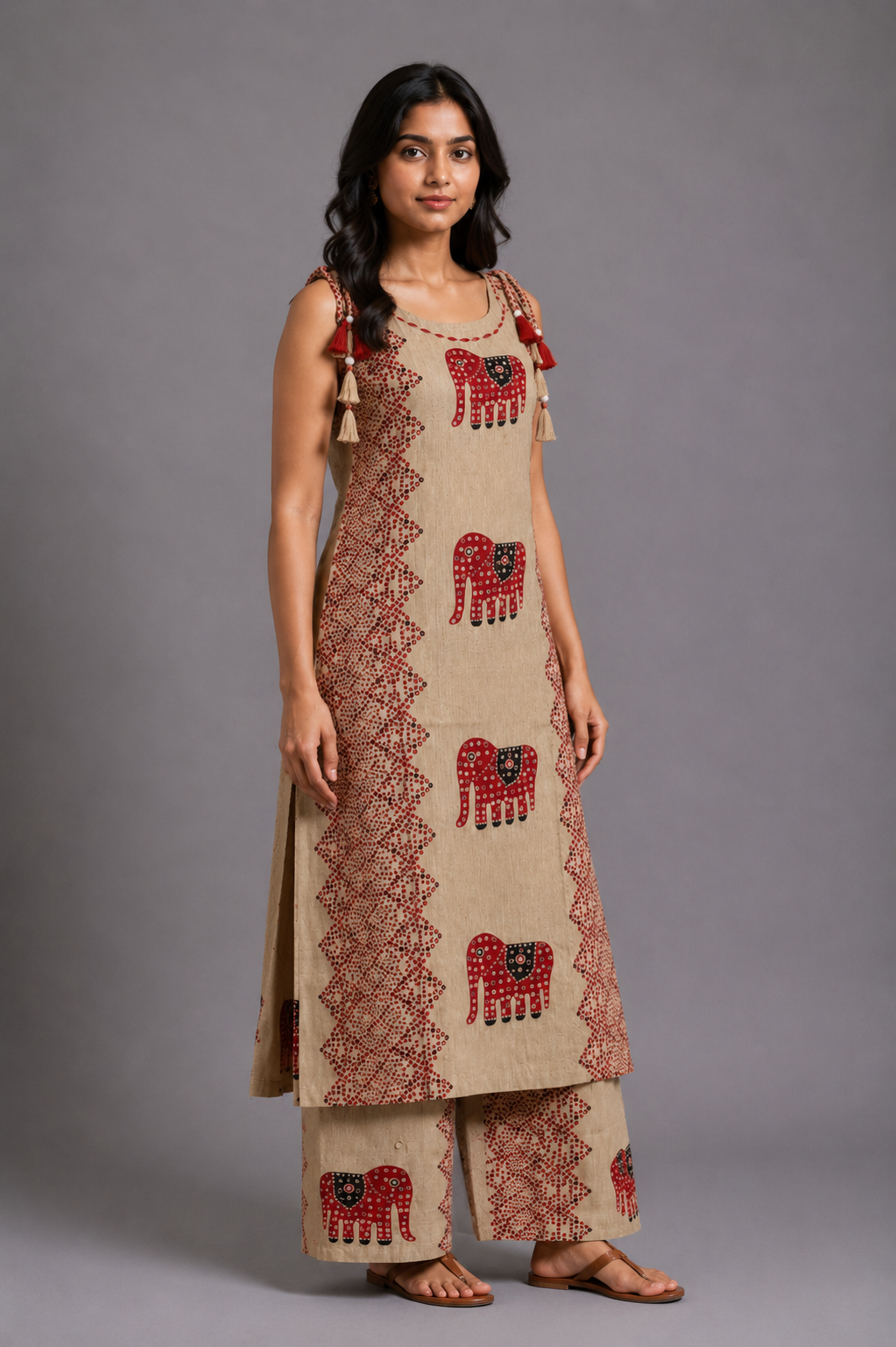 Beige Elephant Print Kurta Palazzo Set with Tassel Detailing