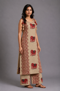 Beige Elephant Print Kurta Palazzo Set with Tassel Detailing