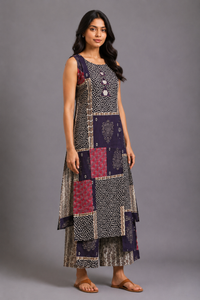 Purple Printed Patchwork Kurta Palazzo Set