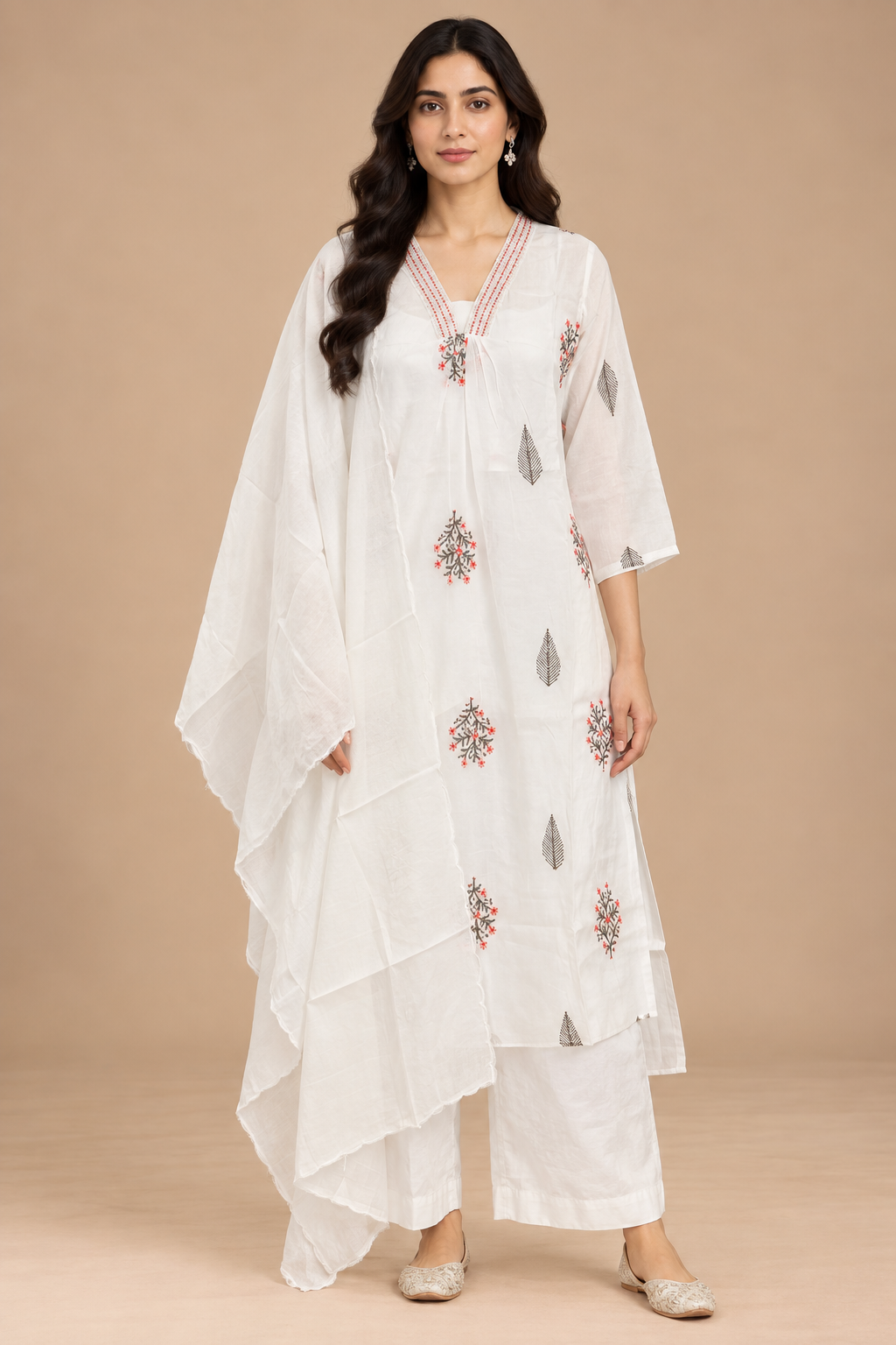 Ivory White Floral Embroidered Straight Kurta Set with Dupatta