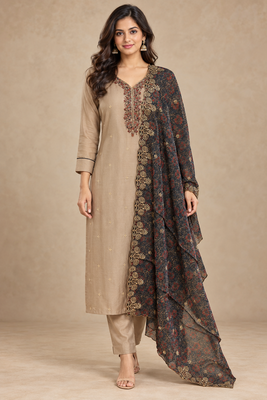 Beige Embroidered Kurta Set with Printed Dupatta