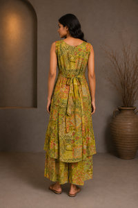 Olive Green Floral Printed Kurta Palazzo Set with Mirror Work
