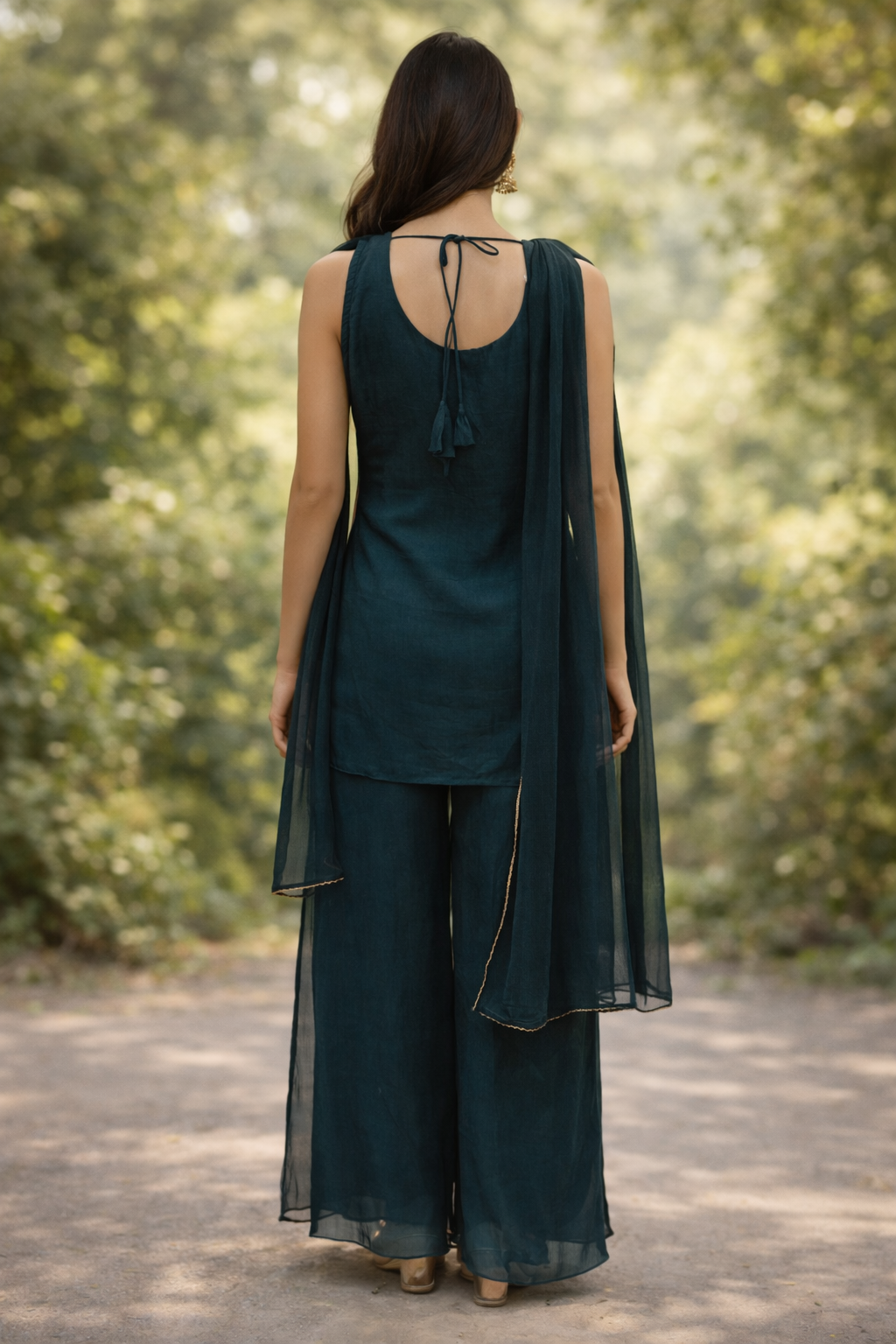 Emerald Green Silk Embroidered Kurta Sharara Set with Dupatta