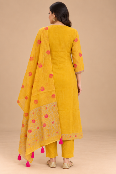 Mustard Yellow Floral Embroidered Straight Kurta Set with Dupatta