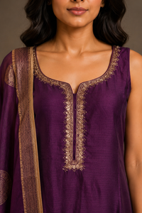 Wine Purple Embroidered Kurta Set with Dupatta