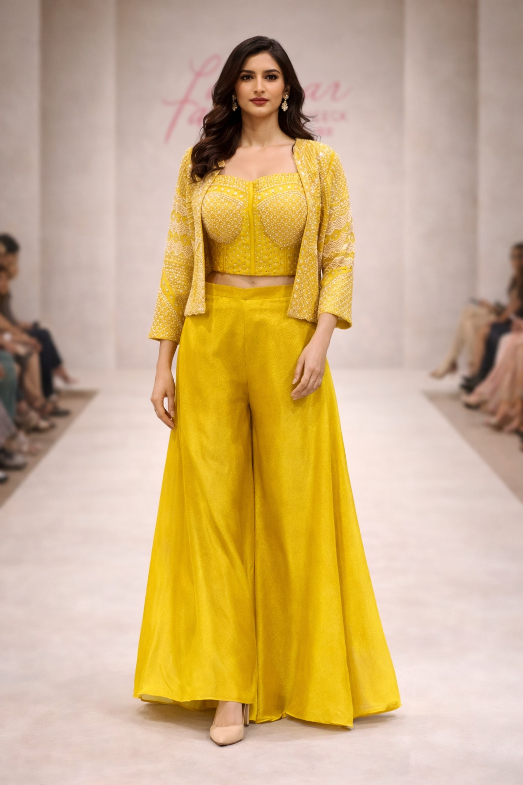 Mustard Yellow Silk Co-ord Set with Embroidered Crop Top & Short Jacket