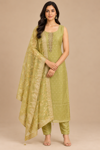 Olive Green Embroidered Straight Kurta Set with Dupatta