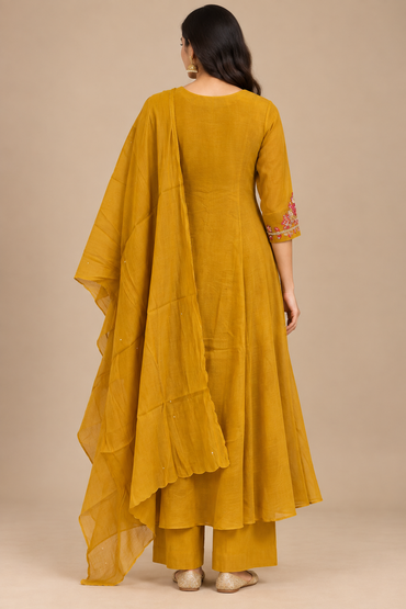 Mustard Yellow Embroidered Anarkali Suit Set with Dupatta