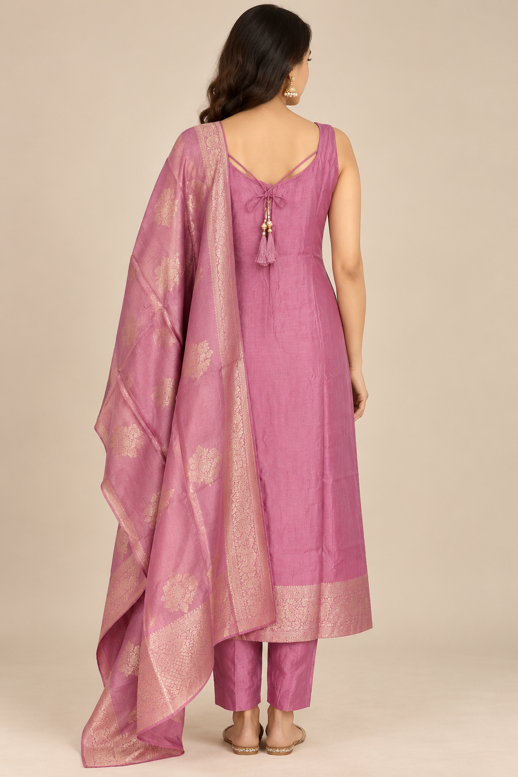 Mauve Pink Ethnic Suit Set with Gold Border Dupatta