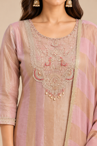 Blush Pink Embroidered Kurta Pant Set with Striped Dupatta