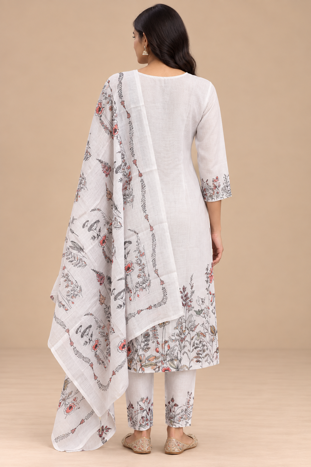 White Floral Printed Kurta Pant Dupatta Set