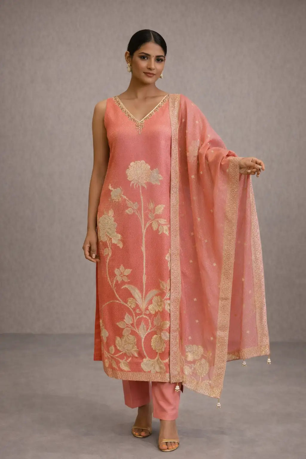 Peach Floral Embroidered Kurta Set with Dupatta