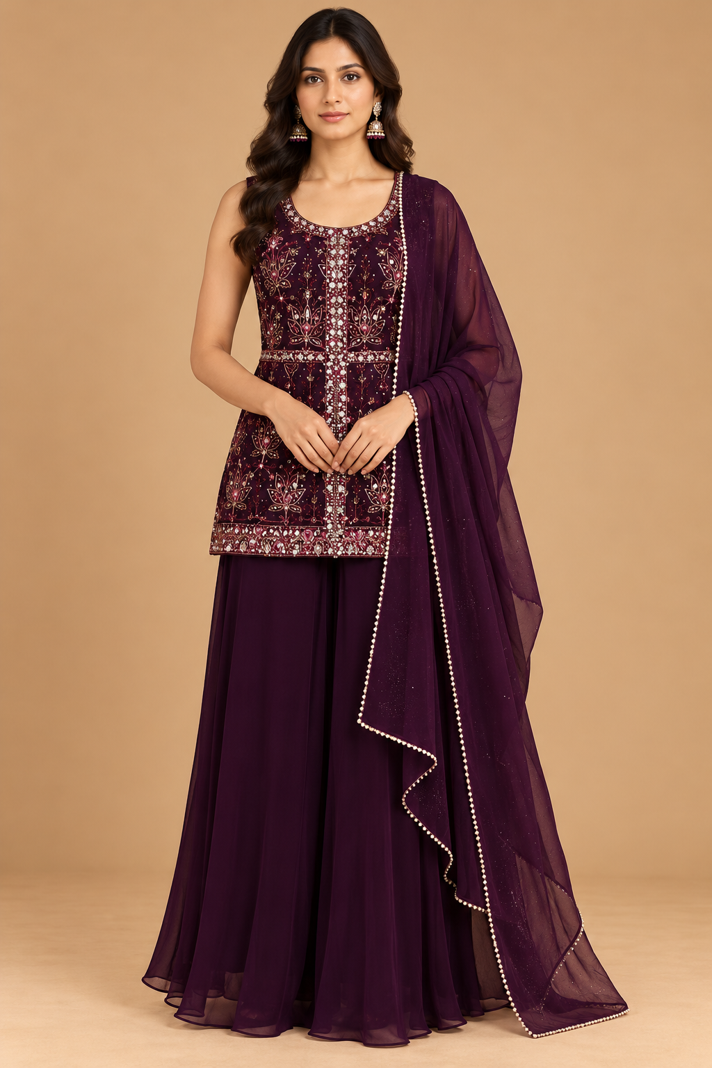 Deep Wine Purple Embroidered Kurta Set with Flared Palazzo and Dupatta