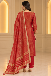 Maroon Gold Embroidered Kurta Pant Set with Dupatta for Women
