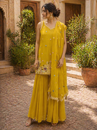 Sunshine Yellow Chinnon Silk Kurta Set with Gharara & Embroidered Dupatta