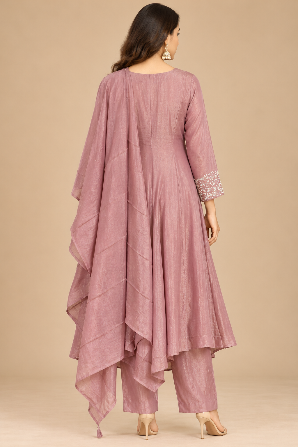 Dusty Rose Pink Asymmetric Embroidered Suit Set with Dupatta