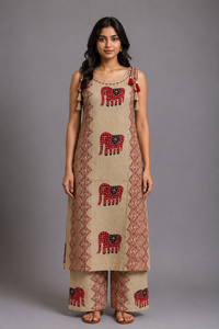 Beige Elephant Print Kurta Palazzo Set with Tassel Detailing