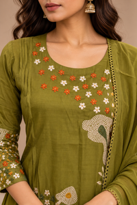 Olive Green Mul Chanderi Straight Cut Suit Set