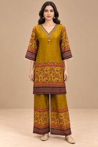 Mustard Yellow Printed Kurta Palazzo Set with Ethnic Border Detailing