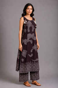 Darkest Brown Printed Kurta Palazzo Set with Tassel Detailing