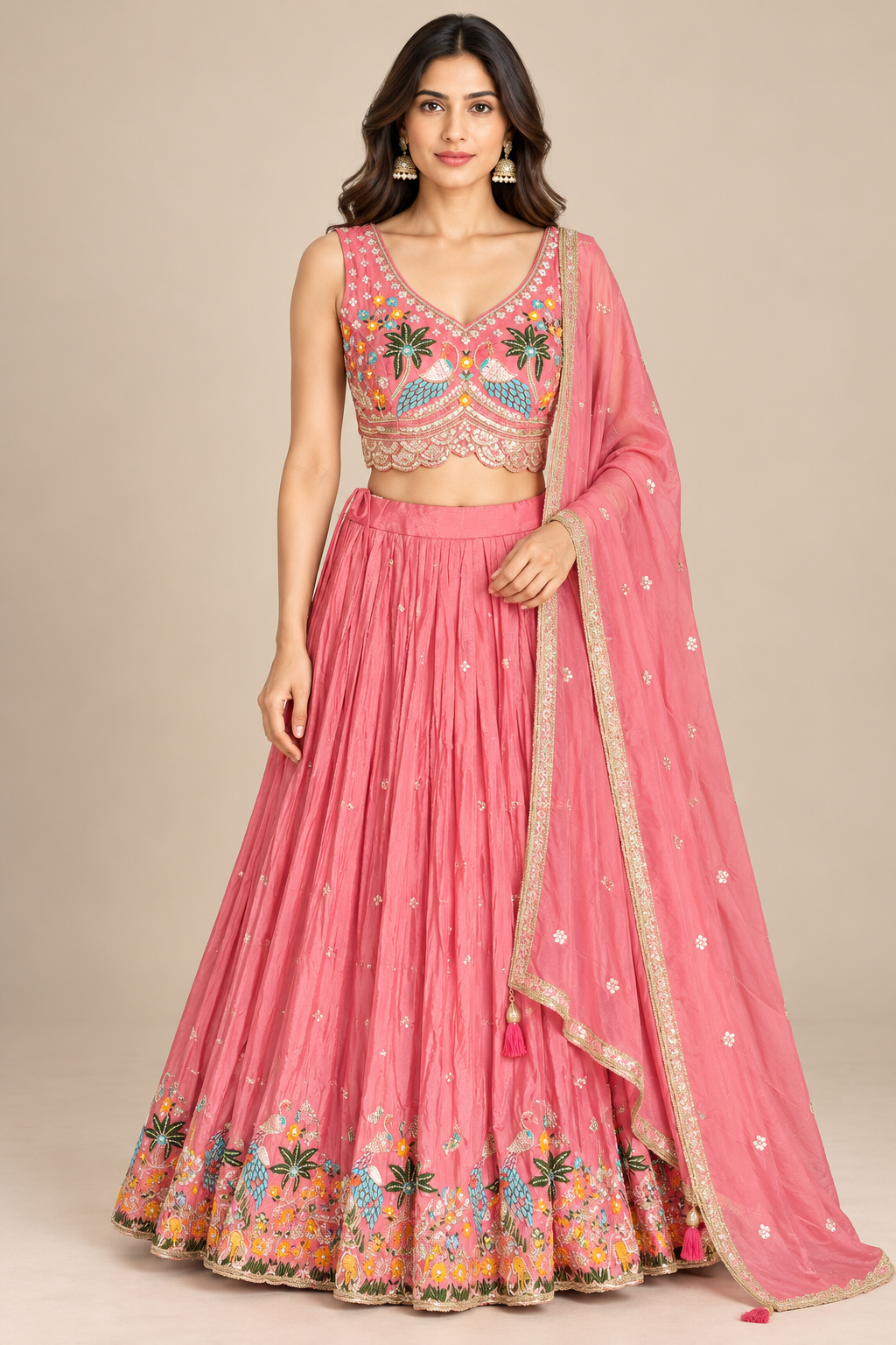 Pink Lehenga Choli with Colorful Peacock Embroidery and Dupatta