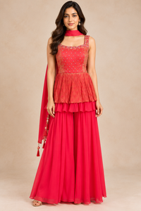 Coral Red Brocade Silk Sharara Set