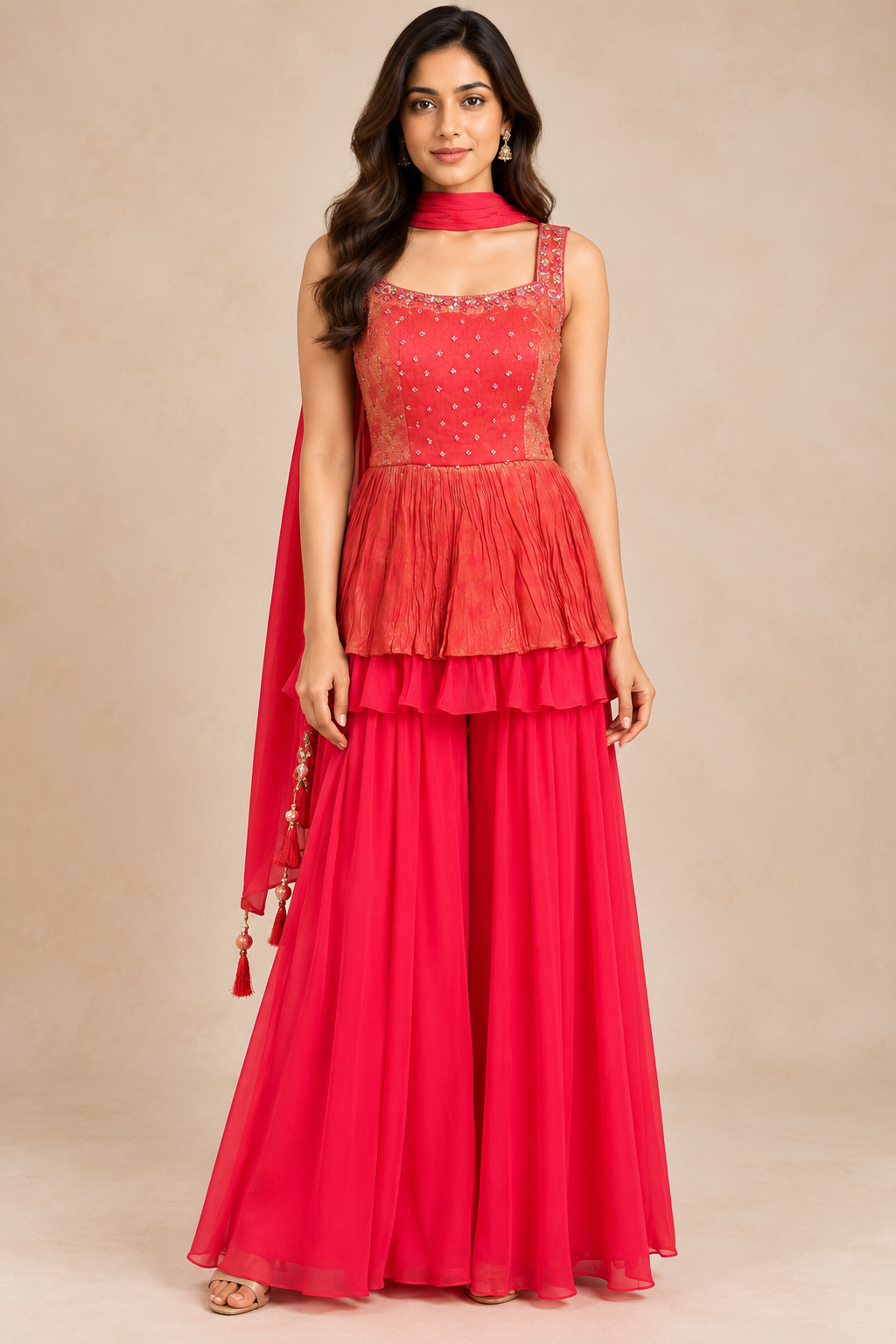 Coral Red Brocade Silk Sharara Set