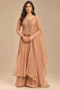 Peach Embroidered Anarkali Palazzo Suit Set with Dupatta