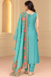Turquoise Blue Floral Embroidered Kurta Set with Dupatta