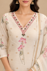 Ivory Floral Printed Kurta Set with Dupatta